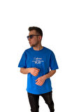 Erkek Tişört Baskılı Bisiklet Yaka Oversize Saks Mavi Comfort T-shirt Erkek Tshirt
