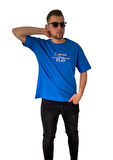 Erkek Tişört Baskılı Bisiklet Yaka Oversize Saks Mavi Comfort T-shirt Erkek Tshirt