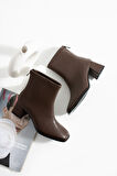 Kahverengi Kadın Kısa Topuklu Rahat Fermuarlı Bot