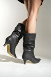 Siyah Kadın Sivri Topuklu Kısa Ökçe Bot, Rahat Topuk