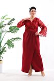 ABİYE DANTEL BORDO KRUVAZE YAKA VALON KOL ÖNÜ PİLELİ BÜYÜK BEDEN UZUN ABİYE ELBİSE 3092