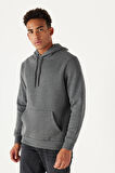 Erkek Antrasit-melanj Standart Fit Içi Polarlı 3 Iplik Kapüşonlu Pamuklu Sweatshirt