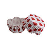 Cupcake Kalıbı Pet Kapsül Dalgalı Kek Kalıbı 65X38 MM (100 Adet)  Beyaza Kırmızı Kalp Desenli