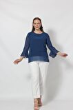 3119İ İndigo Kolu Valon ve Bağcık Detaylı Bluz