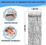 Gümüş Renk Ekstra Metalize Parlak Saçaklı Arka Fon Perde İthal A Kalite 1x2 Metre (3126)