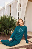 Aydoğan Kadın Lavin Ribana Manşetli Teal Renk Koton Pijama Takım 0524