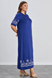 Wearon Kadın Aysar Kısa Kol Baskılı iki ip Boydan Mavi Elbise
