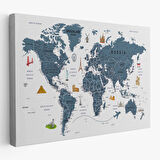 Harita Sepeti Dünya Haritası Son Derece Ayrıntılı Eğitici ve Sembollü Kanvas Tablo 3187