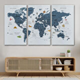 Harita Sepeti Türkçe Dünya Haritası Son Derece Ayrıntılı Eğitici ve Sembollü Kanvas Tablo 3188