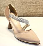 Ony 1020 Bayan Bej Saten Yüksek Kadeh Ökçe Karnıyarık Stiletto Ayakkabı