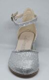 Miniwomen 771 Çocuk Taşlı Önü Ve Arkası Kapalı Yan Açık Topuklu Abiye Ayakkabı Gümüş Simli