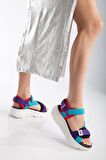 Sandal Spor Ss001 Kadın Dolgu Topuklu Spor Sandalet Mavi - Mor