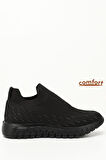 Divamod 502 Kadın Siyah Triko Taşlı Memory Foam Tabanlıklı Comfort Sneaker Siyah