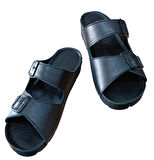 Castle Black 20317 Kadın Hakiki Deri İki Tokalı Comfort Terlik Siyah