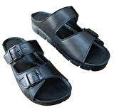 Castle Black 20317 Kadın Hakiki Deri İki Tokalı Comfort Terlik Siyah