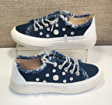 Aria 2408 Kadın Taşlı Kot Sneaker Ayakkabı Lacivert