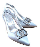 Stillo 33 Kadın Saten Taşlı Tokalı Arka Açık Kadeh Ökçe Stiletto Gümüş