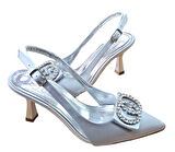 Stillo 33 Kadın Saten Taşlı Tokalı Arka Açık Kadeh Ökçe Stiletto Gümüş