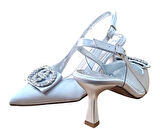 Stillo 33 Kadın Saten Taşlı Tokalı Arka Açık Kadeh Ökçe Stiletto Gümüş