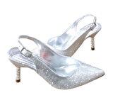 Stillo 774 Kadın Arkası Açık Simli Topukta Taş Detaylı Abiye Ayakkabı Gümüş