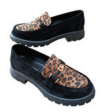 Divadonna 4270 Kadın Hakiki Deri Leopar Kadın Casual Ayakkabı Nubuk Siyah
