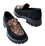 Divadonna 4270 Kadın Hakiki Deri Leopar Kadın Casual Ayakkabı Nubuk Siyah