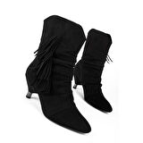 Pine Cone K222 Kadın Süet Topuklu Püsküllü Bot Siyah