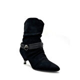 Pine Cone K223 Kadın Süet Topuklu Biye Kemerli Çekme Bot Siyah