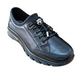 Palovit 027 Kadın Hakiki Deri Lastikli Düz Taban Comfort Günlük Ayakkabı Siyah