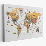 Harita Sepeti Türkçe Dünya Haritası Ayrıntılı Eğitici-Öğretici ve Sembollü Dekoratif Kanvas Tablo 3200