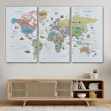 Harita Sepeti Dünya Haritası Son Derece Ayrıntılı Eğitici ve Sembollü Kanvas Tablo 3203