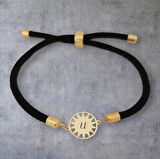 Güneş Figürlü 14 Ayar Altın Plakalı Bayanlar İçin İpek Örgülü Harfe Özel Bileklik-321harf-siyah