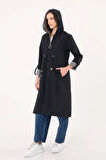 Kadın Siyah Beli Büzgülü Kapşonlu Trençkot