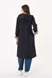 Kadın Siyah Beli Büzgülü Kapşonlu Trençkot