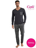 Erkek V Yaka Düğmesiz Göğüs Cepli Yumuşak Termal Bilek Manşetli Kışlık Uzun Kol Cepli Pijama Takımı 