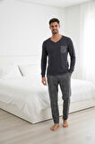 Erkek V Yaka Düğmesiz Göğüs Cepli Yumuşak Termal Bilek Manşetli Kışlık Uzun Kol Cepli Pijama Takımı 