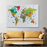 Harita Sepeti Dünya Haritası Son Derece Ayrıntılı Eğitici ve Sembollü Dekoratif Kanvas Tablo 3215