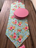 MİNT ZEMİN ÜZERİNE PEMBE GÜL DESENLİ RUNNER &SUPLA