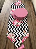 ZİGZAG ZEMİN ÜZERİNE PEMBE GÜL DESENLİ RUNNER & SUPLA