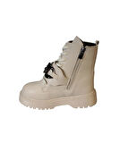 YAZKIŞ Kız Çocuk Siyah Krem Kalın Taban Fermuarlı Bağcıklı Soğuya Kışa Dayanıklı Uzun Postal Bot