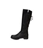 YAZKIŞ Kadın Siyah Cilt 46cm Bilek Uzunluğu 28cm Baldır Genişlği Arkası Taş İpli Düz Çizme