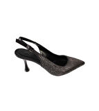 YAZKIŞ Kadın Siyah Gümüş Üzeri Full Taş Önü Sivri Arkası Açık 8cm İnce topuk Ayakkabı