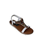 YAZKIŞ Kadın Siyah Beyaz Üzeri Taşlı Bileği Lastikli Düz Taban Sandalet