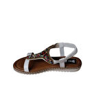 YAZKIŞ Kadın Siyah Beyaz Üzeri Taşlı Bileği Lastikli Düz Taban Sandalet