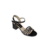 YAZKIŞ Kadın Siyah Beyaz Gümüş Üzeri Çapraz Bantlı Taşlı Bilekten Bağlamalı 5cm Kalın Topuk Abiye Ay