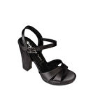 YAZKIŞ Kadın Siyah Gümüş saten Çapraz Bantlı 10cm Kalın Topuk 3 cm Pltform Topuklu Abiye Ayakkabı