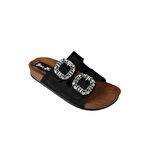 YAZKIŞ Kadın Siyah Krem Çift Tokalı Tokası parlak Taşlı Mantar Taban Terlik