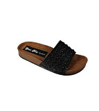 YAZKIŞ Kadın Siyah Platin Üzeri Taşlı Simli Düz Taban Terlik