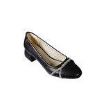 YAZKIŞ Kadın Siyah Cilt Gümüş Parlak Üzeri Burgu Taşlı Yuvarlak Burun 3cm Kare Topuk Ayakkabı