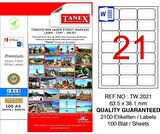 Bilgisayar Etiketi Tw-2021 63,5x38,10 mm 100 Lü Lazer Etiket 1 Paket Tanex Davetiye Kargo Etiketi